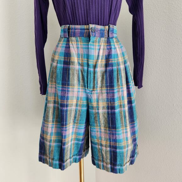Vintage Fundamental Things Plaid Pleated High Waisted Linen Shorts Teal Purple 2 - Picture 1 of 11